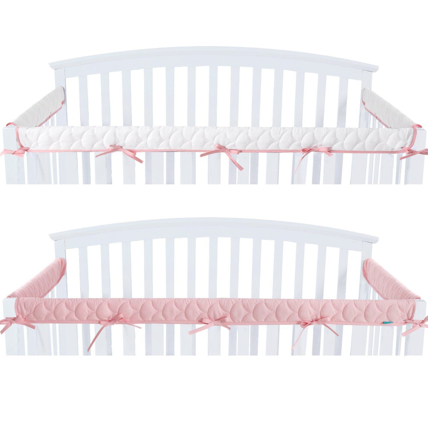 3 Pieces Quilted Crib Rail Cover - Protector Safe Teething Guard Wrap, Reversible, Fit Side and Front Rails, Pink & White - Biloban Online Store