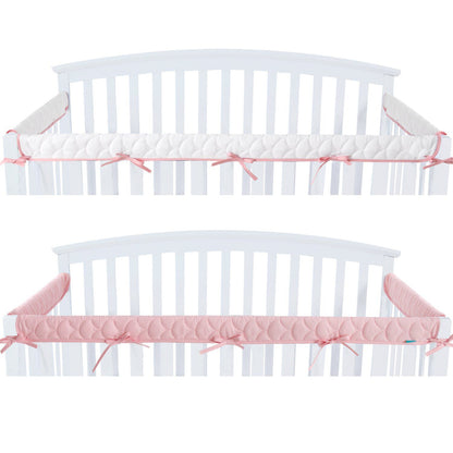 3 Pieces Quilted Crib Rail Cover - Protector Safe Teething Guard Wrap, Reversible, Fit Side and Front Rails, Pink & White - Biloban Online Store