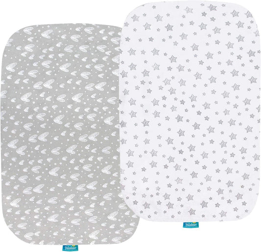 Bassinet Sheets - Fit Chicco LullaGo Anywhere Portable Bassinet, 2 Pack, 100% Jersey Cotton, Grey & White - Biloban Online Store