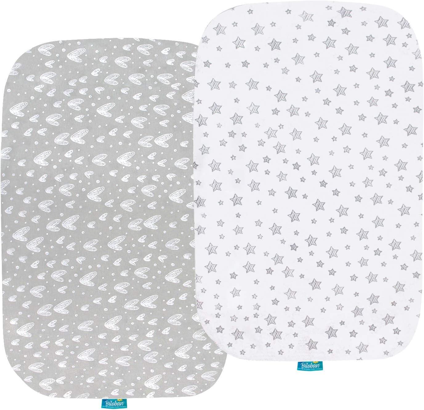 Bassinet Sheets - Fit Chicco LullaGo Portable Bassinet  (17"X33"), 2 Pack, 100% Jersey Cotton, Grey & White - Biloban Online Store