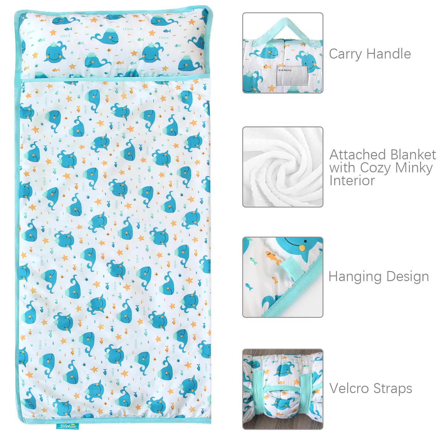 Toddler Nap Mat with Pillow and Blanket, Cot Nap Mats for Daycare Preschool, Lightweight Portable Travel Sleeping Bag for Kids, Warm & Skin-Friendly, Blue Whale, 50" x 21" Visit the Biloban Store