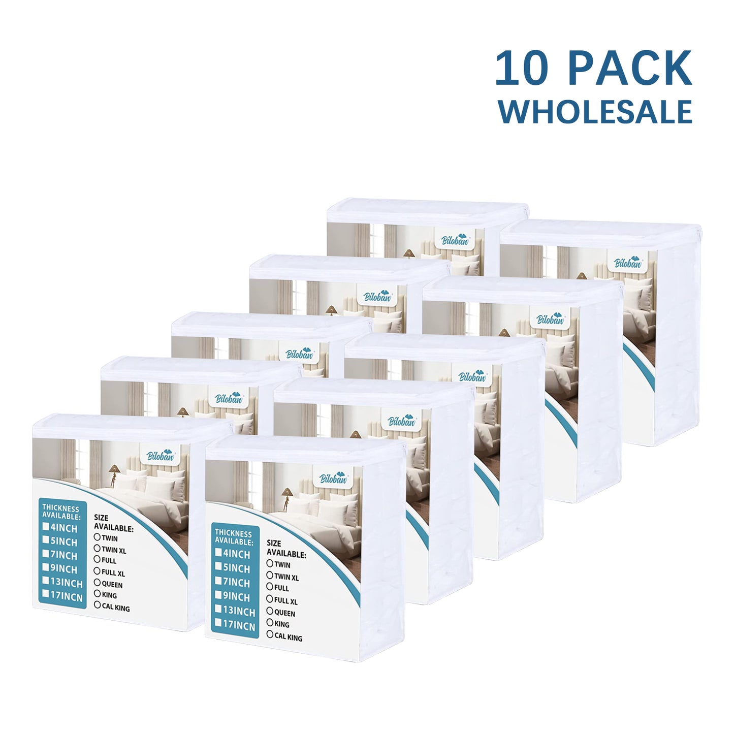 WHOLESALE, Low Profile Box Spring Encasement, 5''/7''/9''/13'', Waterproof, Zippered Mattress Protector Cover 10 PACK - Biloban Online Store