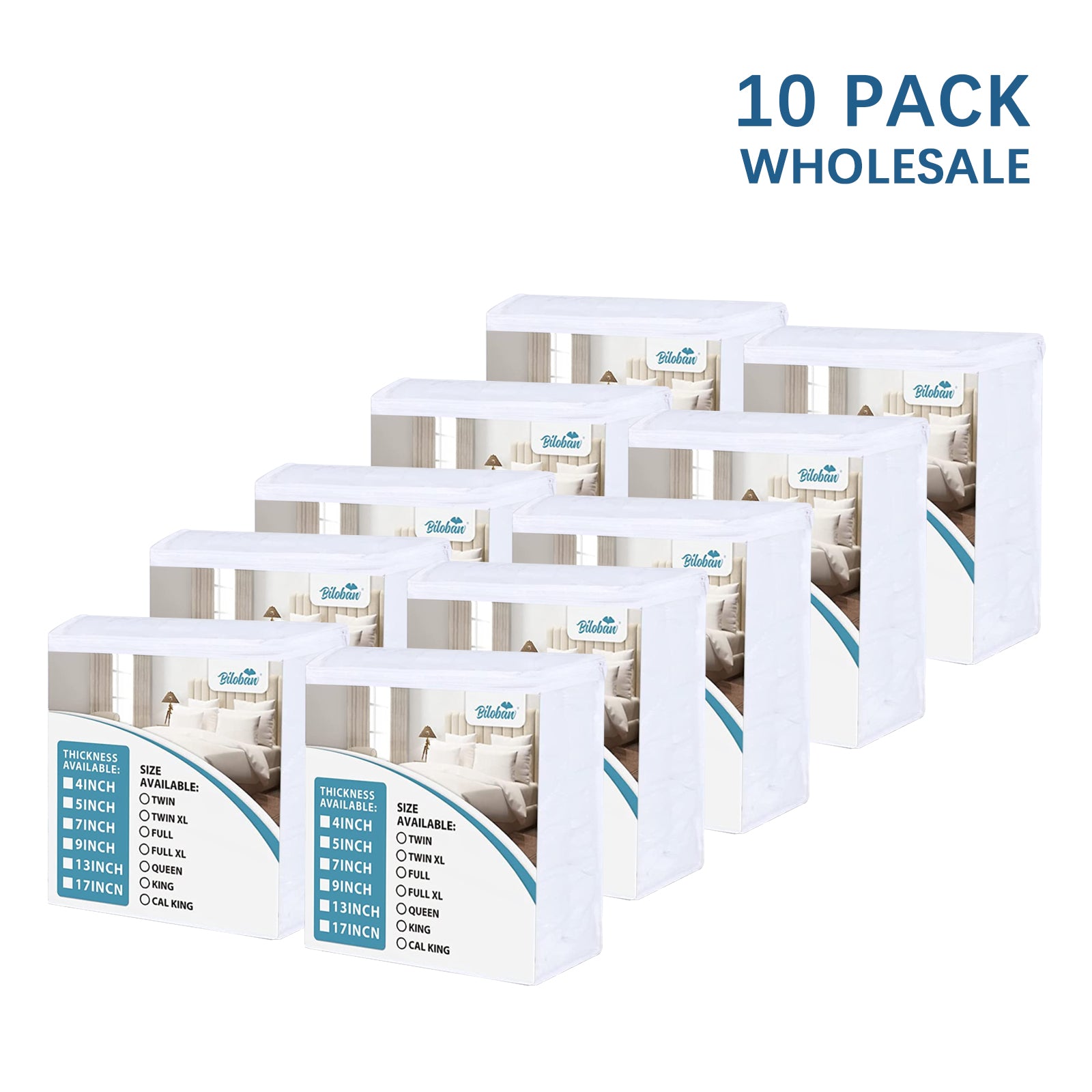 WHOLESALE, Low Profile Box Spring Encasement, 5''/7''/9''/13'', Waterproof, Zippered Mattress Protector Cover 10 PACK - Biloban Online Store