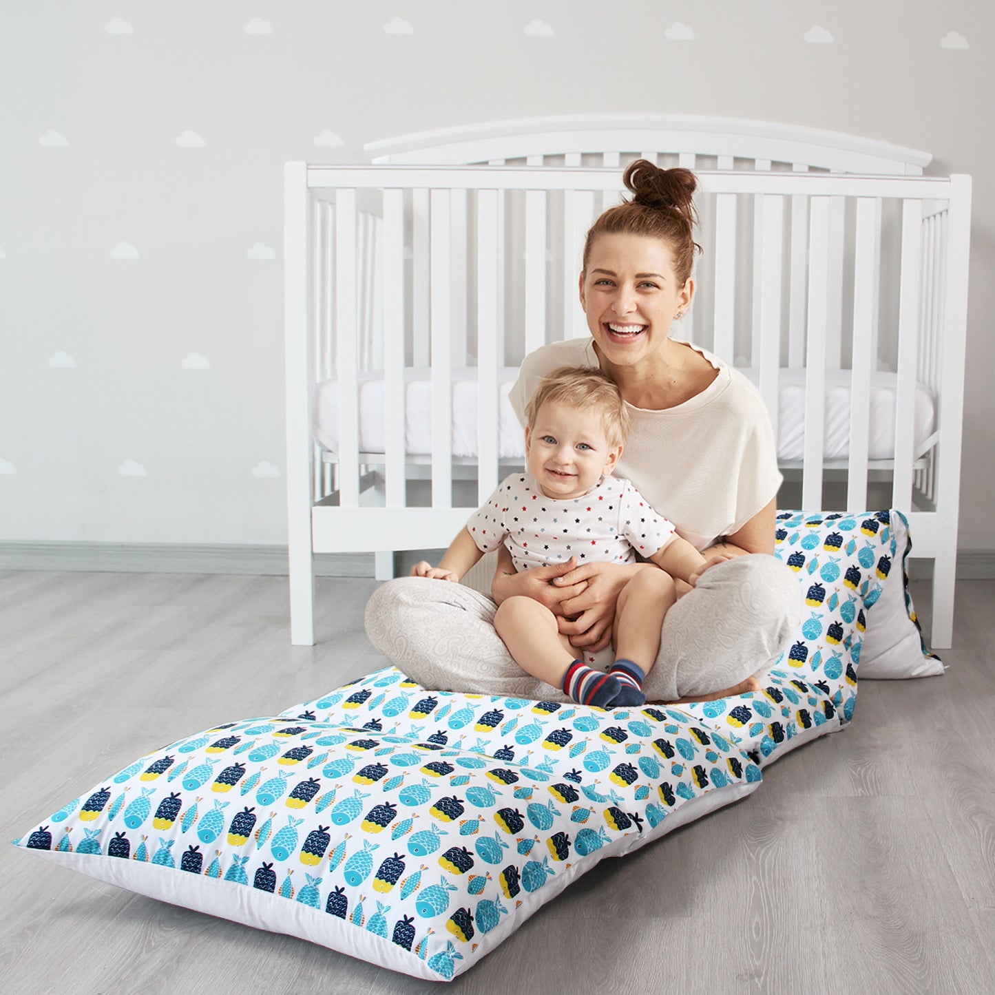 Kids Pillow Bed Floor Lounger Cover, Non-Slip and Super Soft, Queen/King Size, Fish - Biloban Online Store