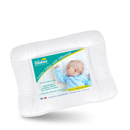 Toddler Pillow with Pillowcase-100% Cotton, Flat, Fluff, Wide, 13"x 18", White - Biloban Online Store