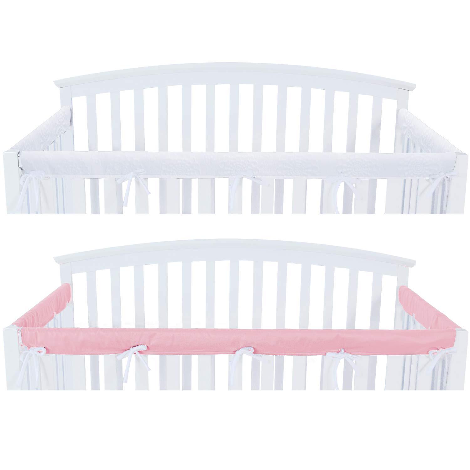 3 Pieces Crib Rail Cover - Protector Safe Teething Guard Wrap, Reversible, Fit Side and Front Rails, Pink & White - Biloban Online Store