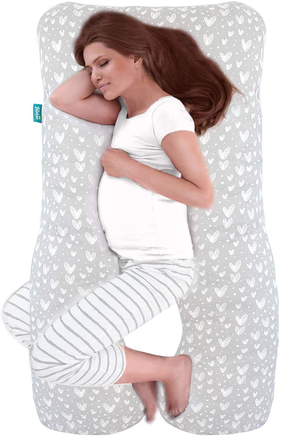 Pregnancy Full Body Pillow Cover U-Shaped, 100% cotton, Grey Hearts Print - Biloban Online Store