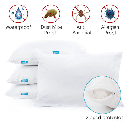 4 Pack Pillow Protectors - Polyester Knitted Fabric, Zippered,100% Waterproof, White - Biloban Online Store