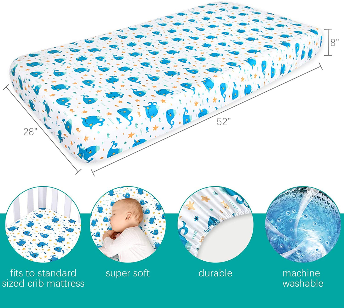 Toddler Sheet Set 3-Piece Microfiber Toddler Bed Set for Boys and Girls,Includes a Crib Fitted Sheet Flat Sheet and Pillowcase, Baby Bedding Sheet & Pillowcase Sets, Whale - Biloban Online Store