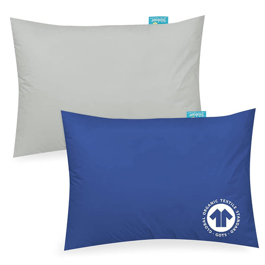 Toddler Pillow with Pillowcase- 2 Pack, 100% Cotton, Flat, Fluff, Wide, 13"x 18", Gray & Navy Blue