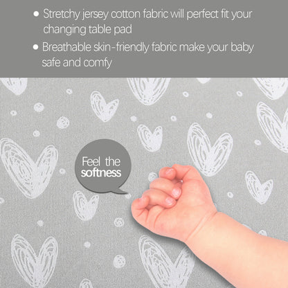 Changing Pad Cover - 2 Pack Gray, Ultra Soft 100% Jersey Knit Cotton, Heart Print - Biloban Online Store