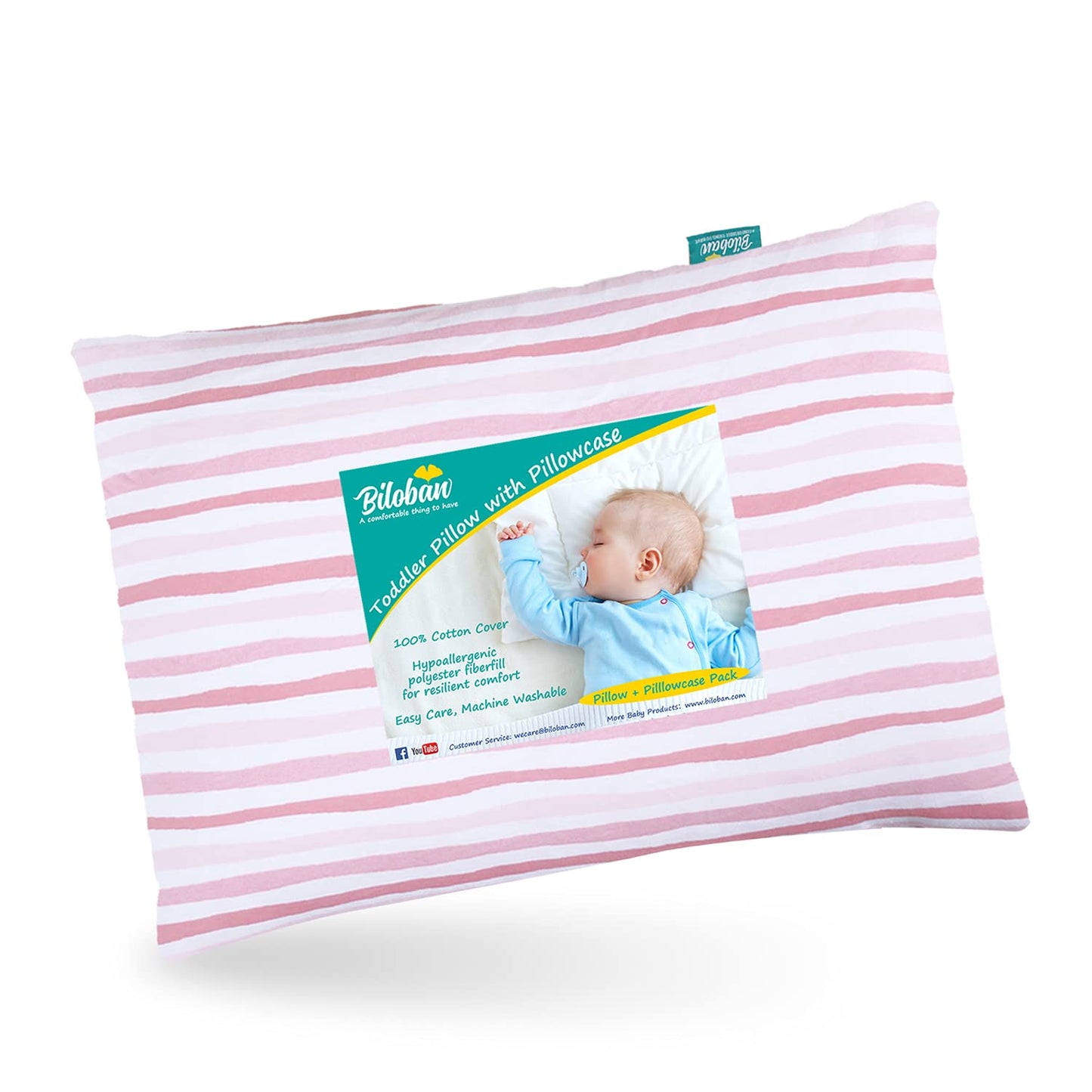 Toddler Pillow Quilted with Pillowcase - 13" x 18", 100% Cotton, Ultra Soft & Breathable, Pink Stripe - Biloban Online Store