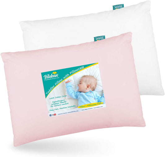 Toddler Pillow with Pillowcase- 2 Pack, 100% Cotton, Flat, Fluff, Wide, 13"x 18", Pink & White