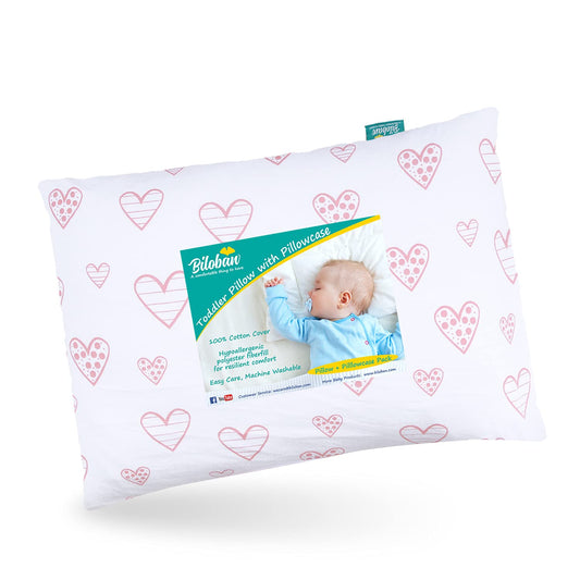 Toddler Pillow with Pillowcase-100% Cotton, Flat, Fluff, Wide, 13"x 18”, Pink Heart
