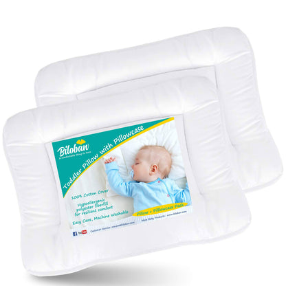 Toddler Pillow with Pillowcase- 2 Pack, 100% Cotton, Flat, Fluff, Wide, 13"x 18", White - Biloban Online Store