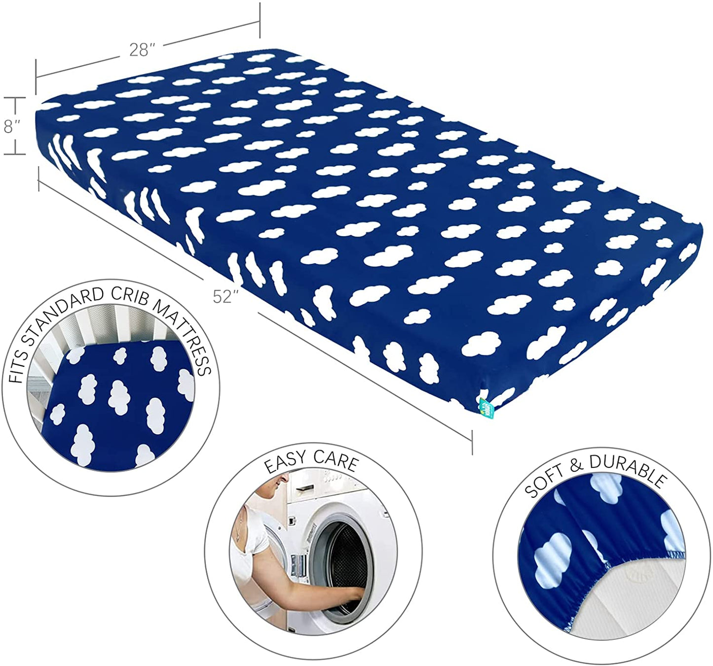 Toddler Bedding Set - 3 Pieces, Includes a Crib Fitted Sheet, Flat Sheet and Envelope Pillowcase, Soft and Breathable, Navy Cloud