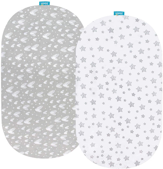Bassinet Sheets - Fit 4moms mamaRoo Sleep Bassinet, 2 Pack, 100% Jersey Cotton, Grey & White - Biloban Online Store