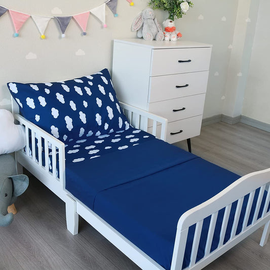 Toddler Sheet Set - Includes a Crib Fitted Sheet, Flat Sheet and Pillowcase, Navy Cloud