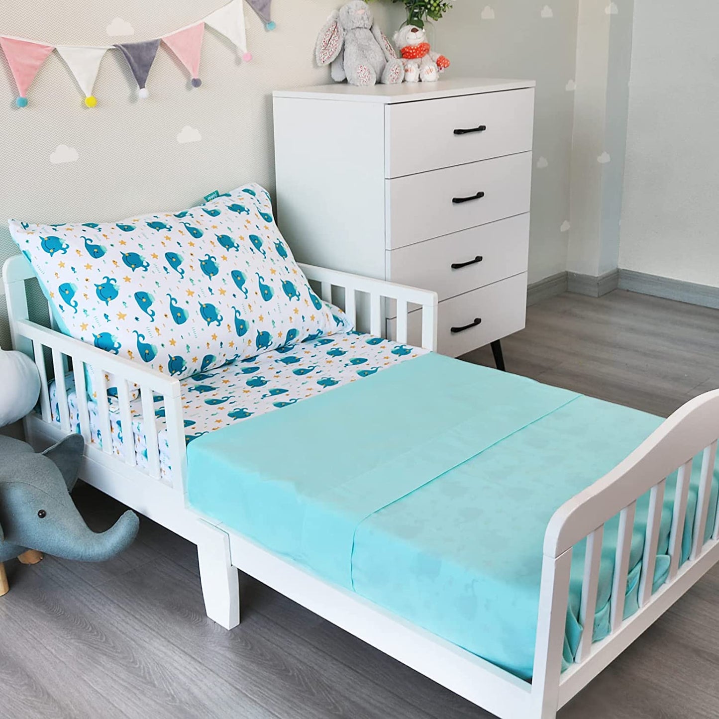 Toddler Bedding Set - 3 Pieces, Includes a Crib Fitted Sheet, Flat Sheet and Envelope Pillowcase, Soft and Breathable, Whale - Biloban Online Store