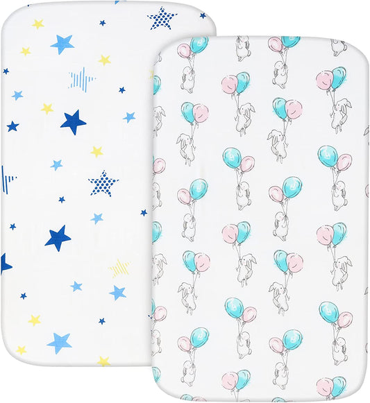 Muslin Bassinet Sheets, 2 Pack, Compatible with Mika Micky, Baby Delight, Dream on me, Maxi COSI and Other Rectangle Bassinet Mattress, Star& Bunny