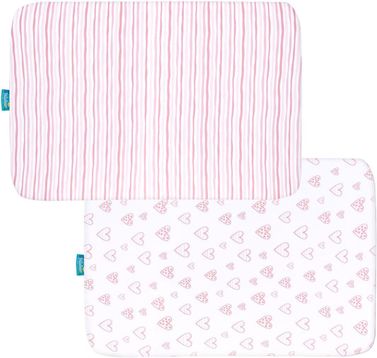 Travel Crib Sheets- 2 Pack, 100% Jersey Cotton, Fits Guava Lotus, Baby Bjorn Travel Crib, Dream on Me Travel Light Playard, Pink & White (42" X 24")