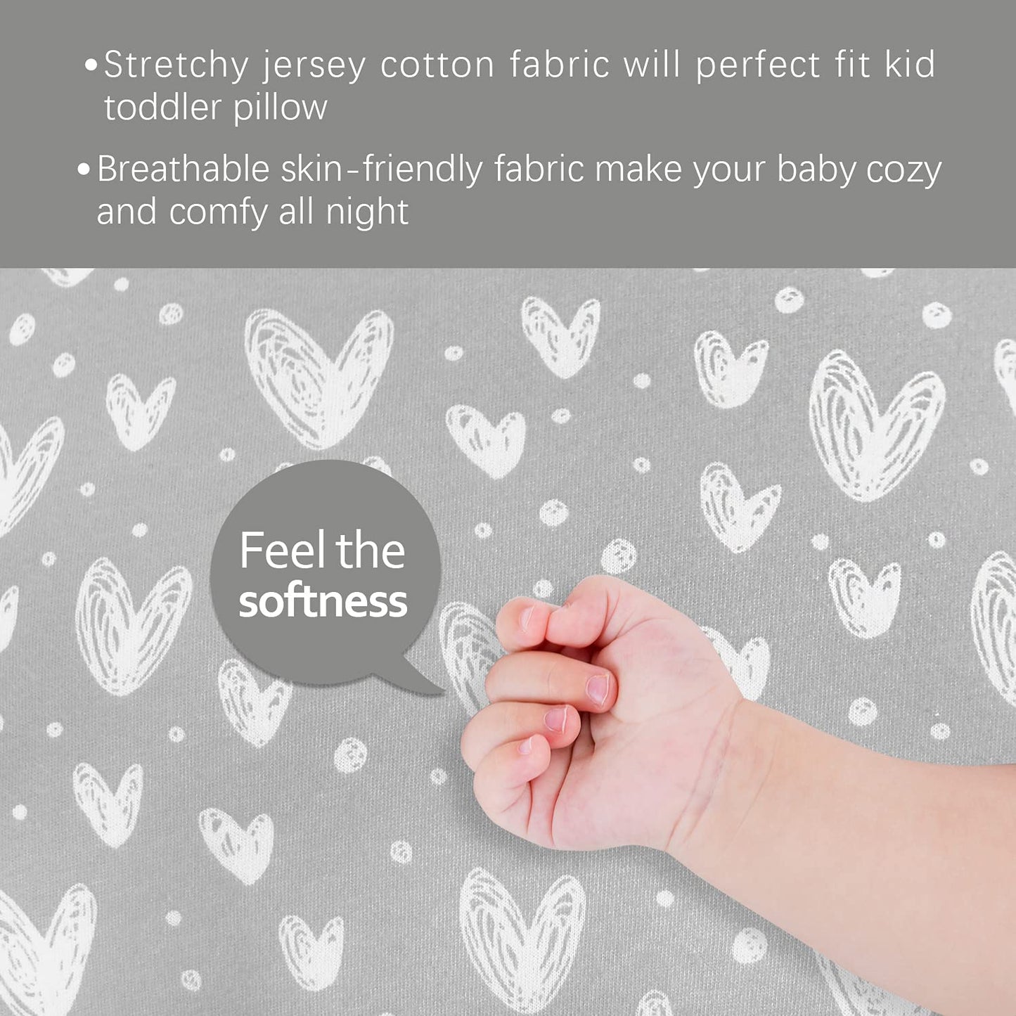 Toddler Pillow Quilted with Pillowcase - 13" x 18", 100% Cotton, Ultra Soft & Breathable, Grey Heart