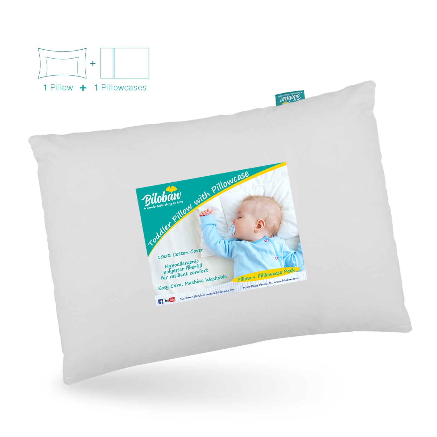 Toddler Pillow Quilted with Pillowcase - 13" x 18", 100% Cotton, Ultra Soft & Breathable, Grey - Biloban Online Store